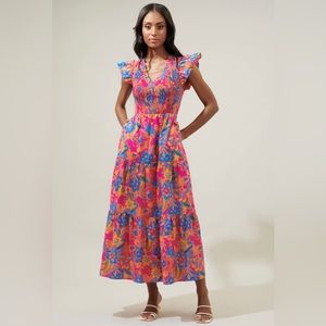 Sugar Lips - Ranchero Floral Sunfire Smocked Bodice Tiered Midi Dress